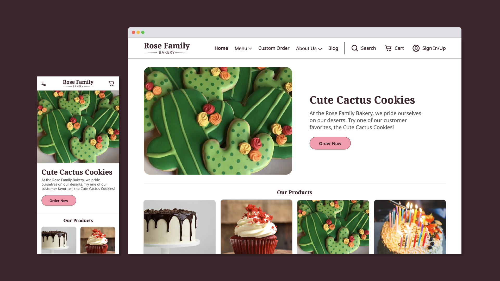 Mockup of the mobile and desktop Rose Family Bakery website