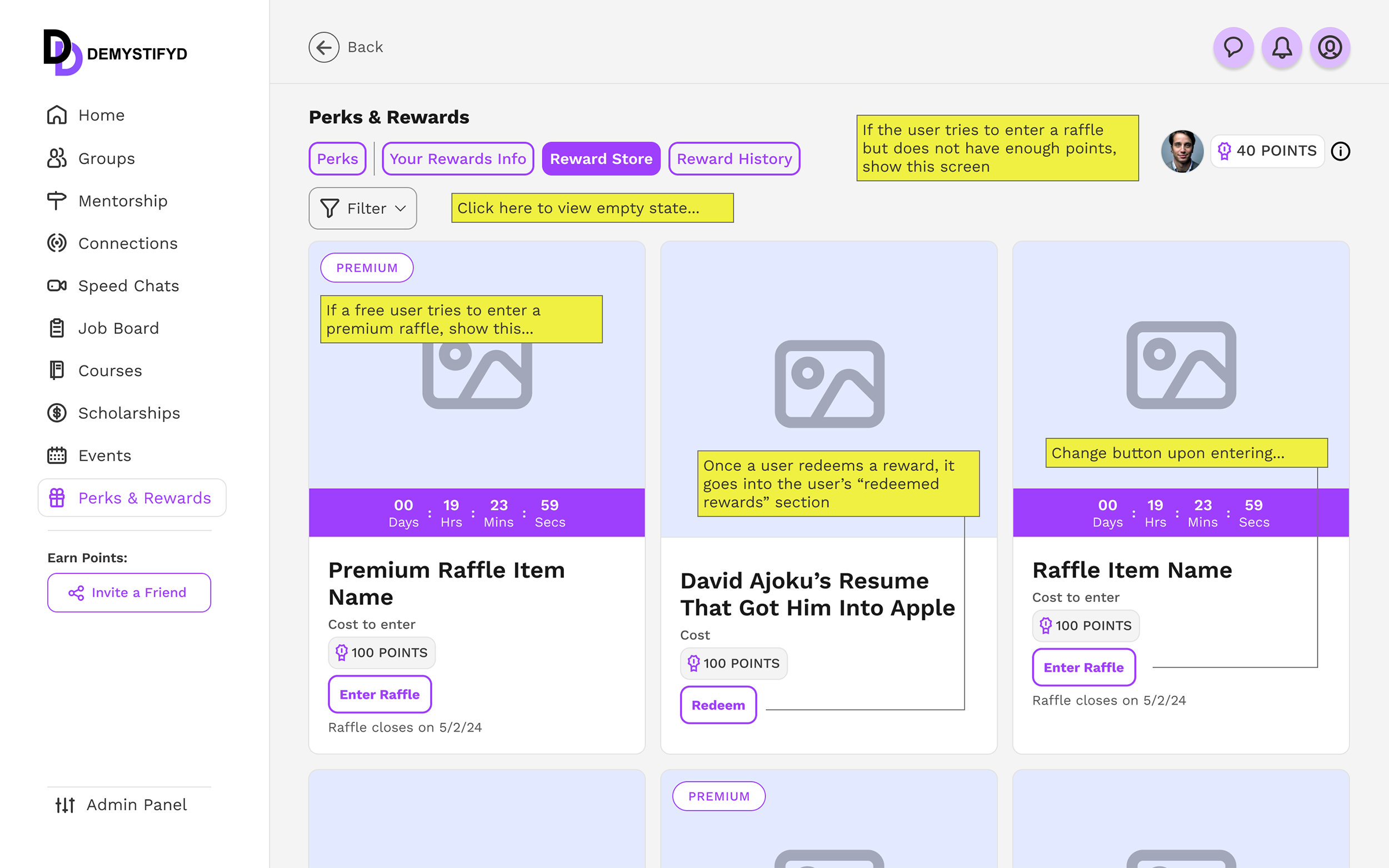 high fidelity prototype of design with notes for the developers