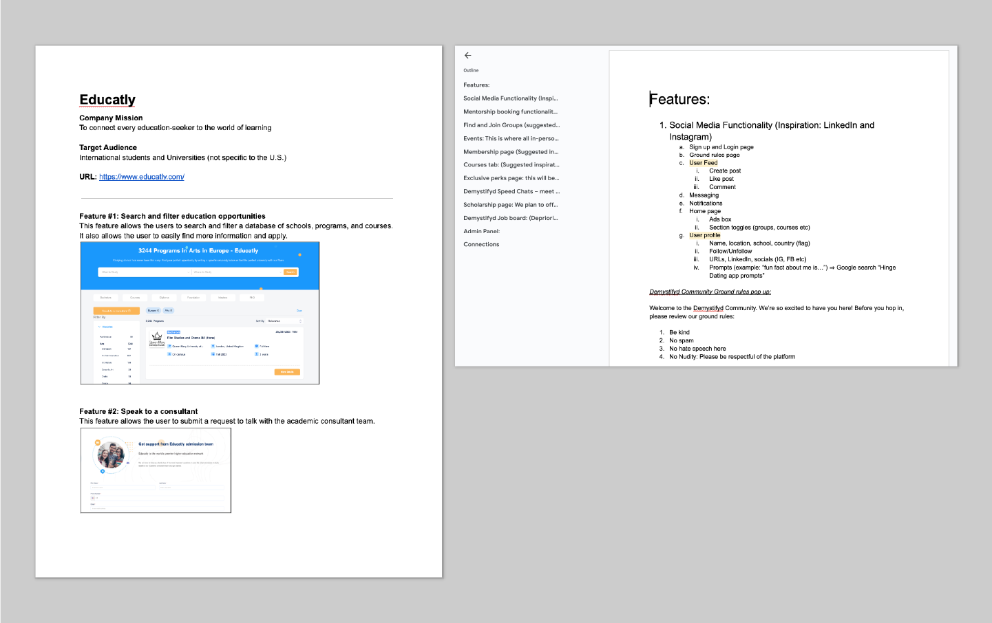 Google documents of the market research for Demystifyd