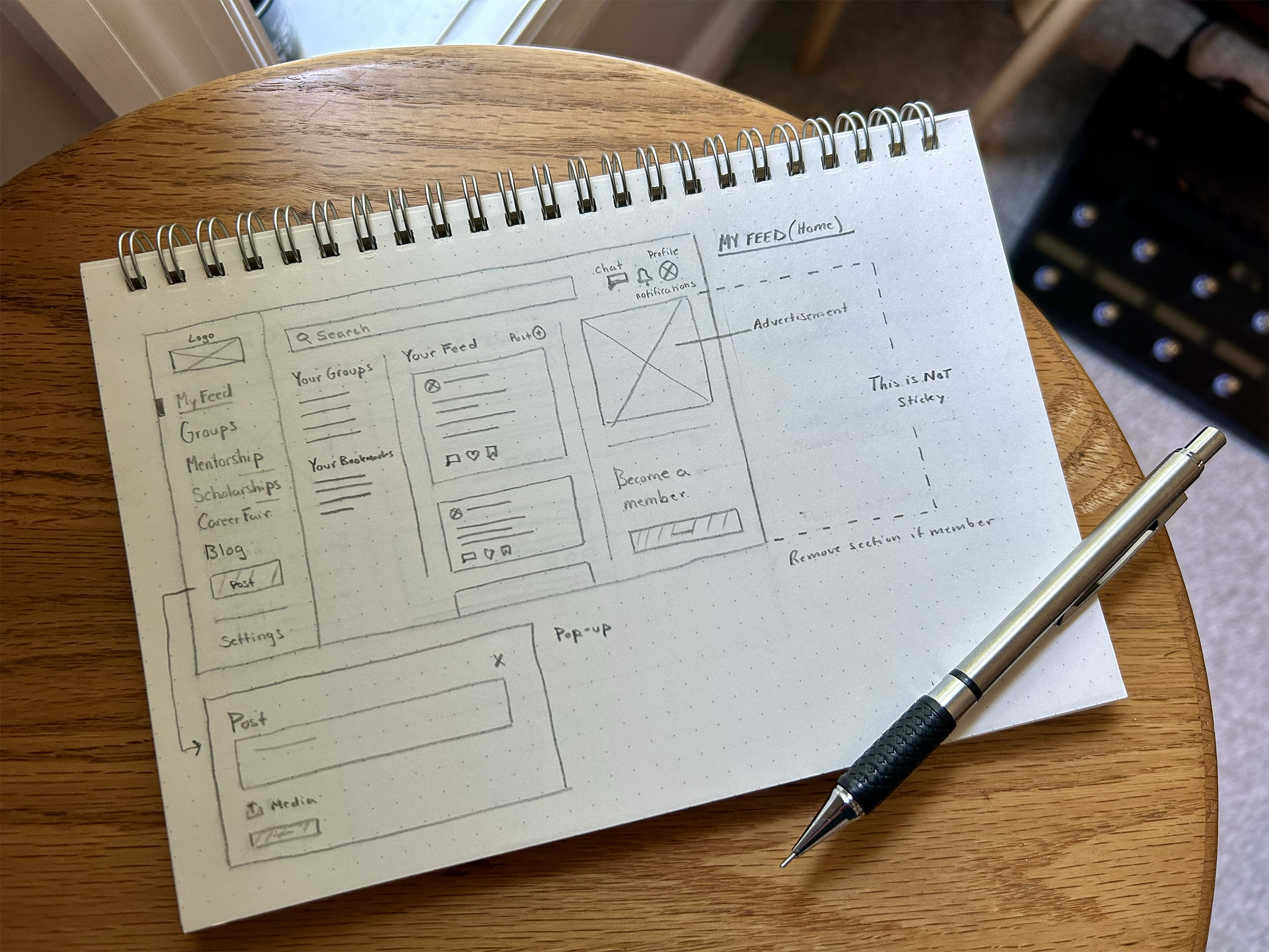 pencil and paper sketches of the web application