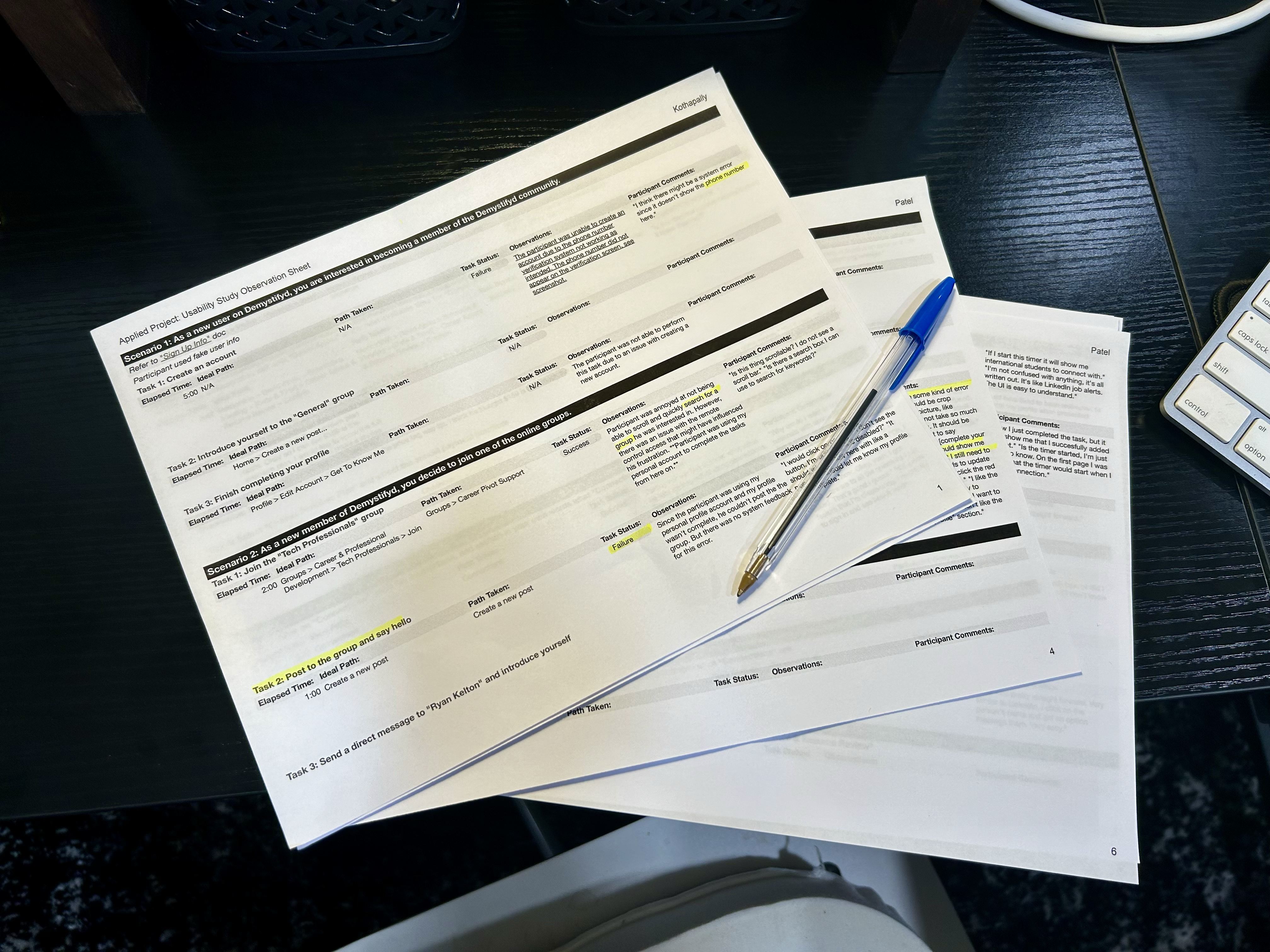 observation sheets from the user testing