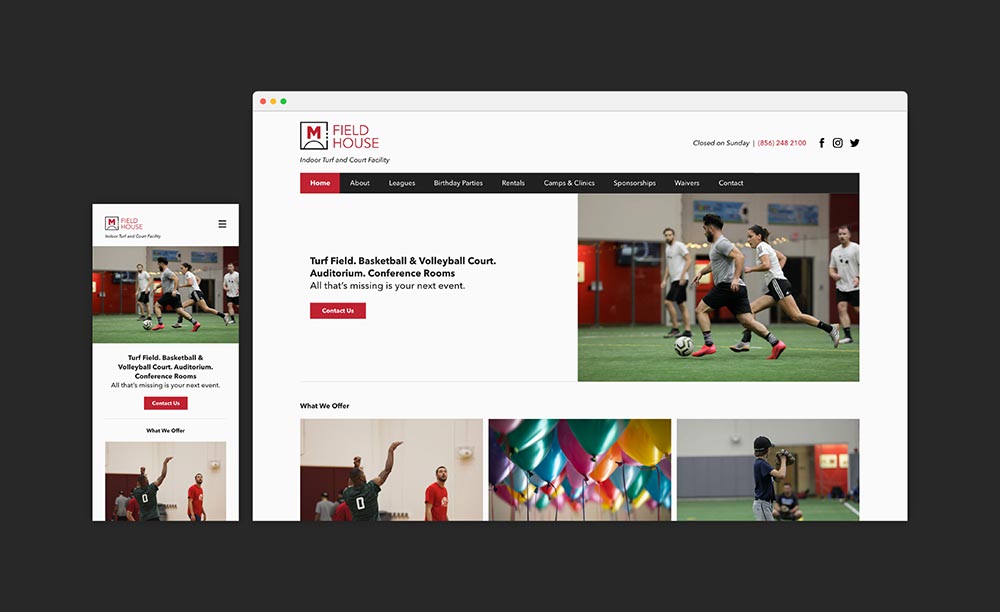 mobile and desktop website mockup for marlton field house's website redesign