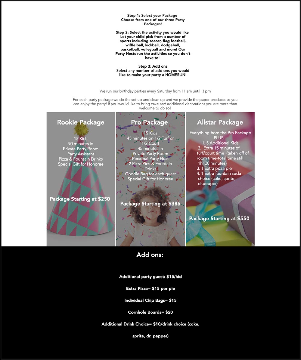 new birthday parties page with improved design