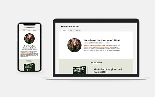 mobile and desktop website mockup for suzanne collins' website redesign